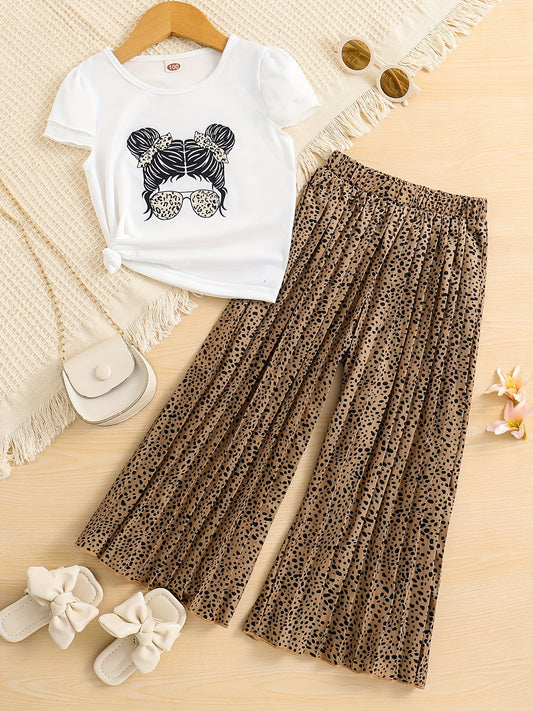 Girls Cartoon Portrait Print T-shirt & Polka Dot Pants Set for Summer