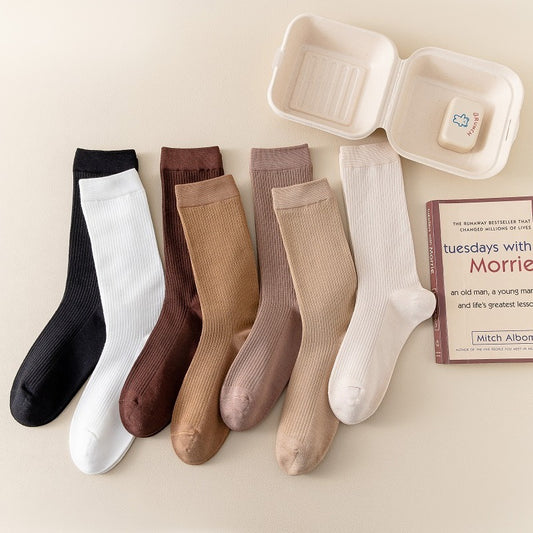 7 Pairs Women's Comfy Mid Tube Socks Solid Color Pack