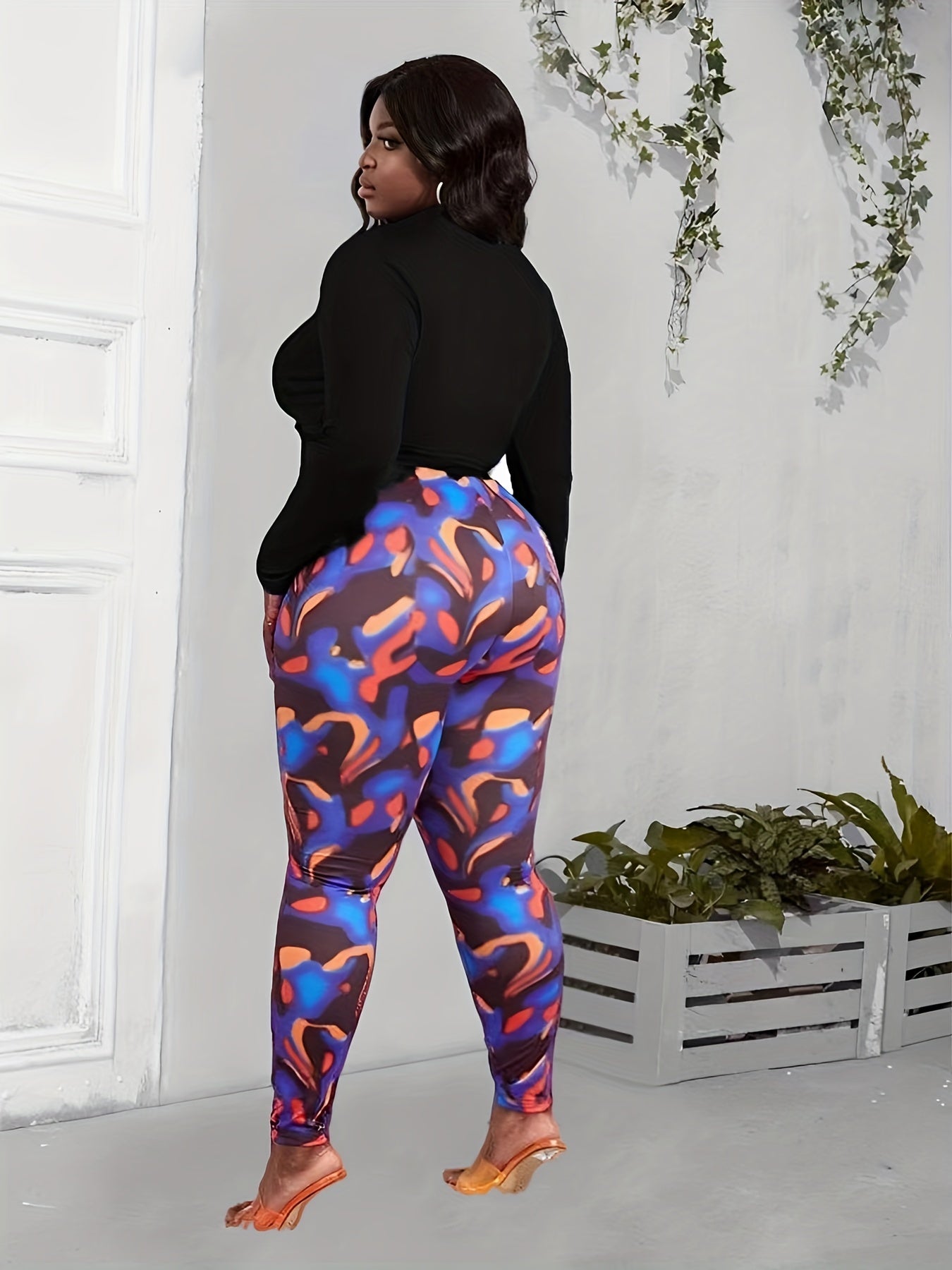 Women's Plus Random Print High Stretch Skinny Pants