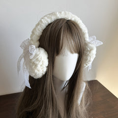 Winter Japanese Style Lace Bow Warm Headwear Fluffy Ear Muffs