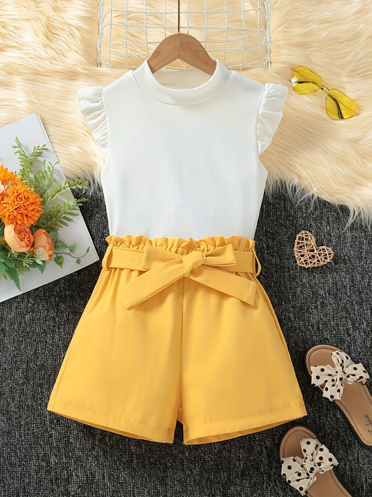 Girls 2pcs Sleeveless Top & Elastic Waist Shorts Summer Kids Clothes