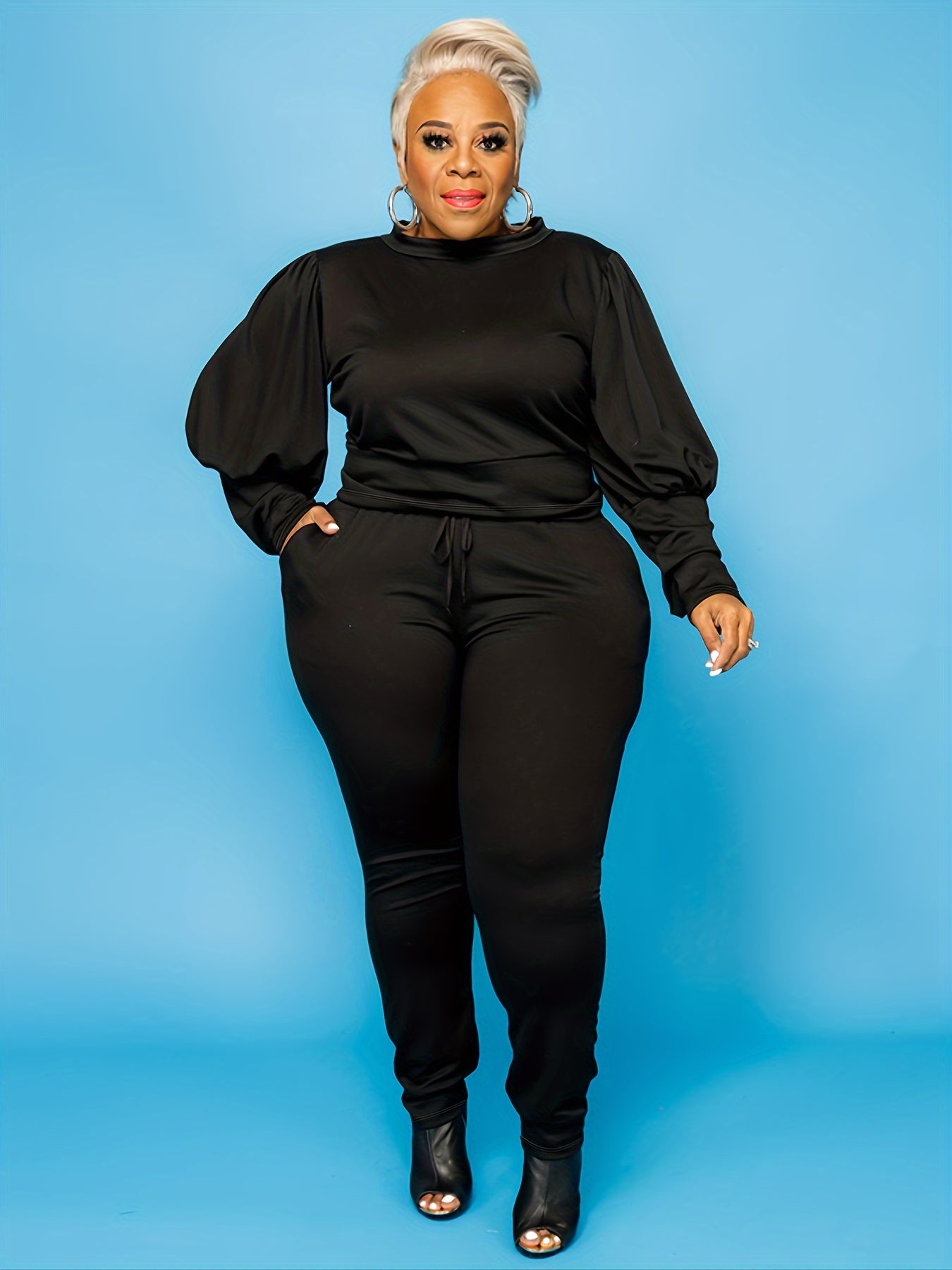  Lantern Sleeve Sweatshirt & Sweatpants Set Women's Plus