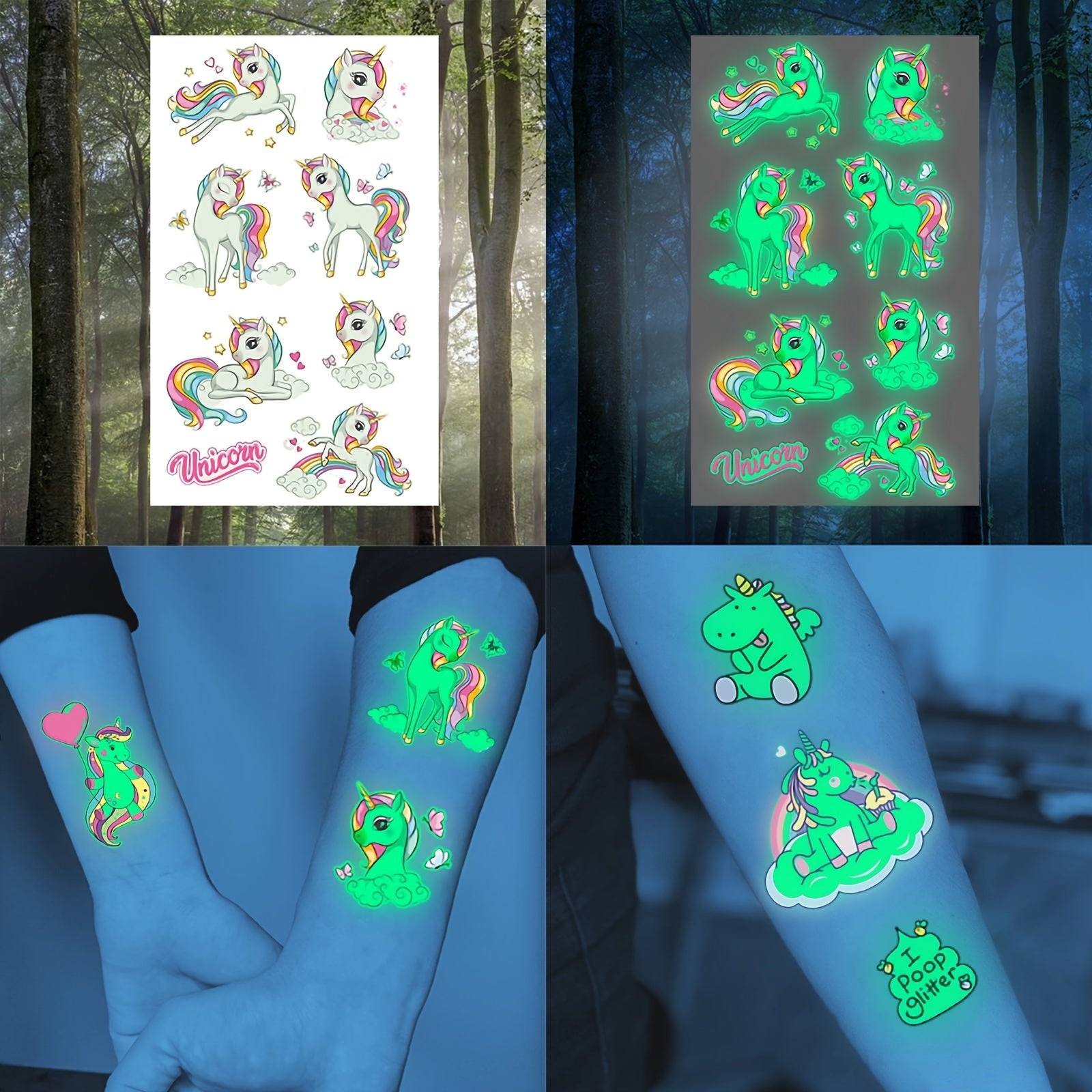 15 Unicorn Glow in Dark Tattoos Waterproof Stickers for Kids