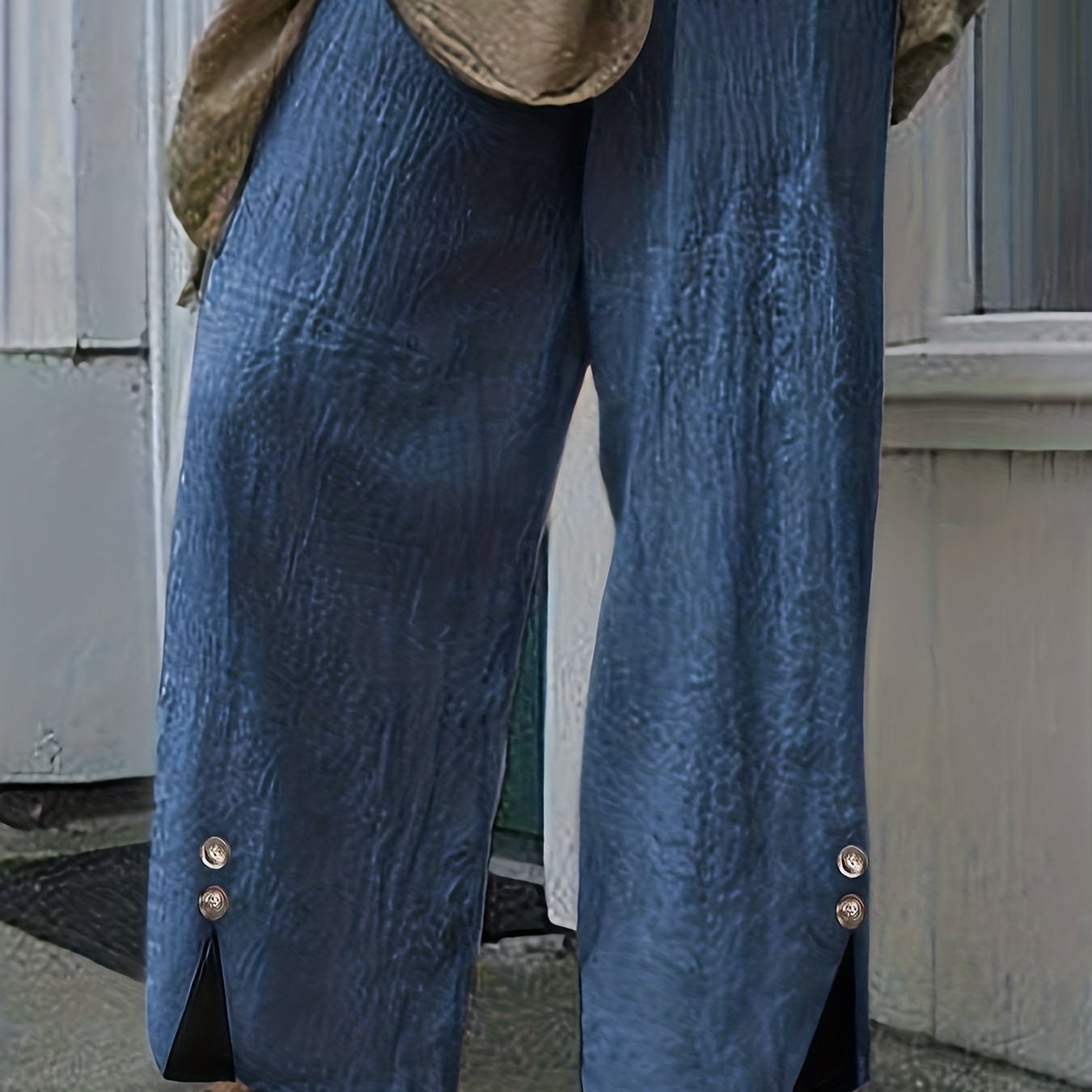  Wide Leg Pants Button Decor Elastic Drawstring