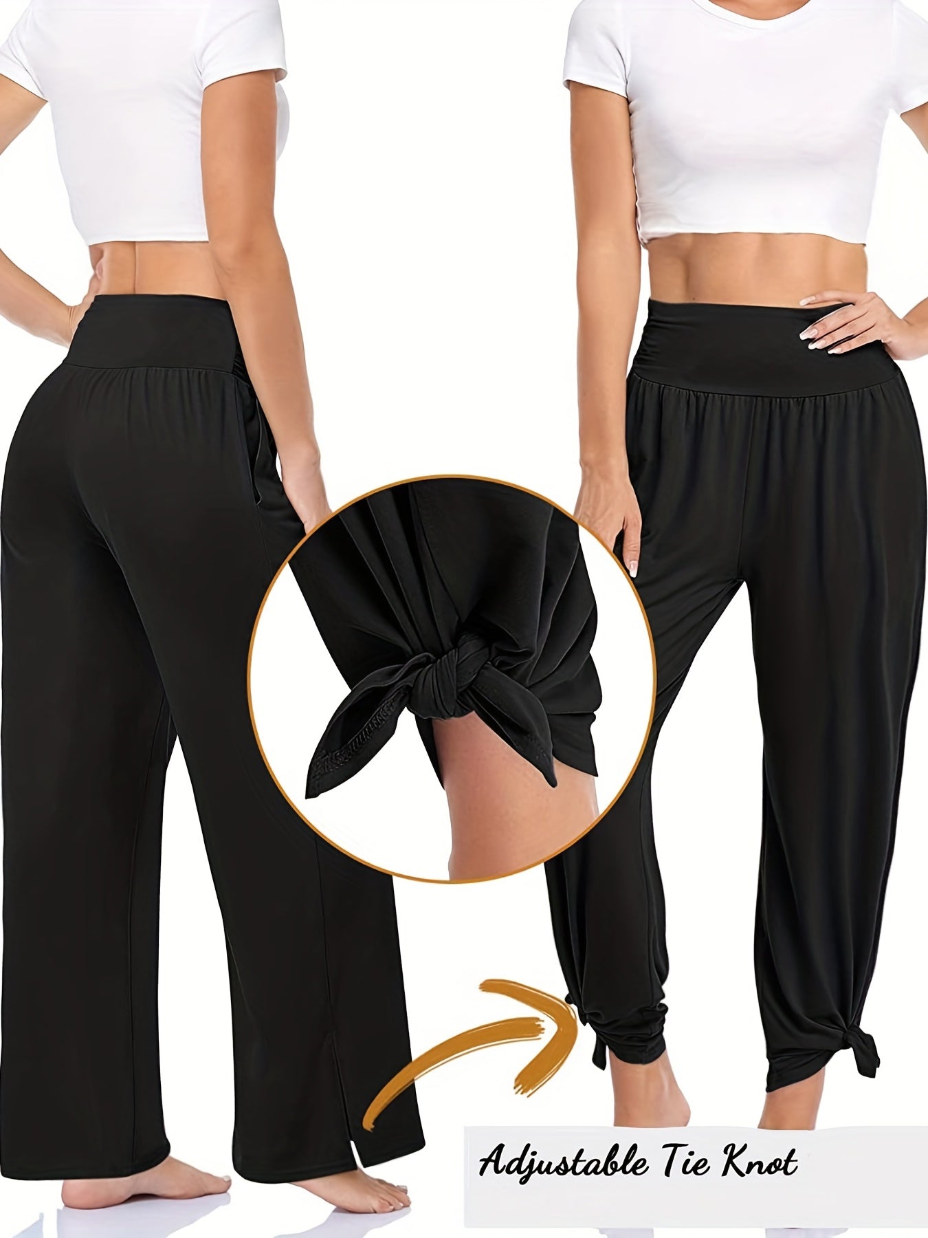 Sporty Pants Women's Plus Solid High Waist Adjustable Tie Knots Pocket