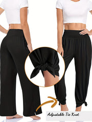  Sporty Pants Women's Plus Solid High Waist Adjustable Tie Knots Pocket