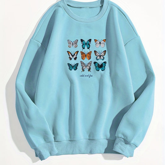 Butterfly Print Pullover Sweatshirt Long Sleeve Crew Neck for Fall & Winter