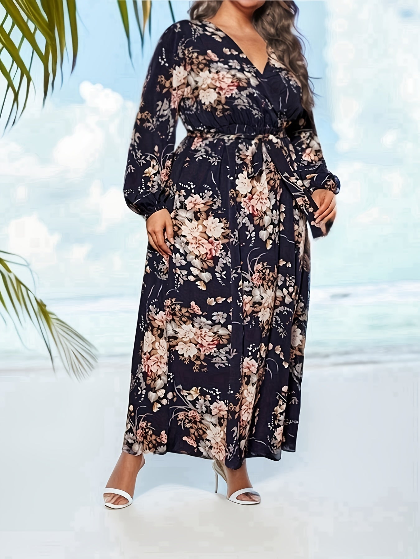  Floral Lantern Sleeve Maxi Dress With Belt