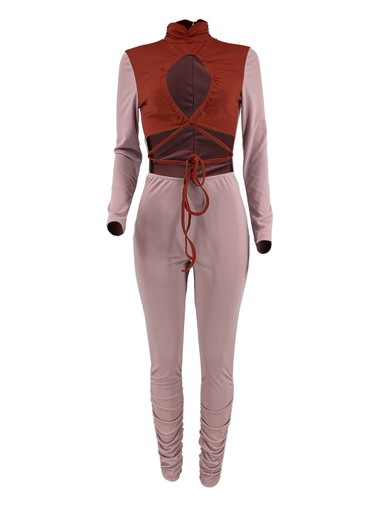 Solid Block Long Sleeve Bodycon Jumpsuit Hollow Jumpsuit