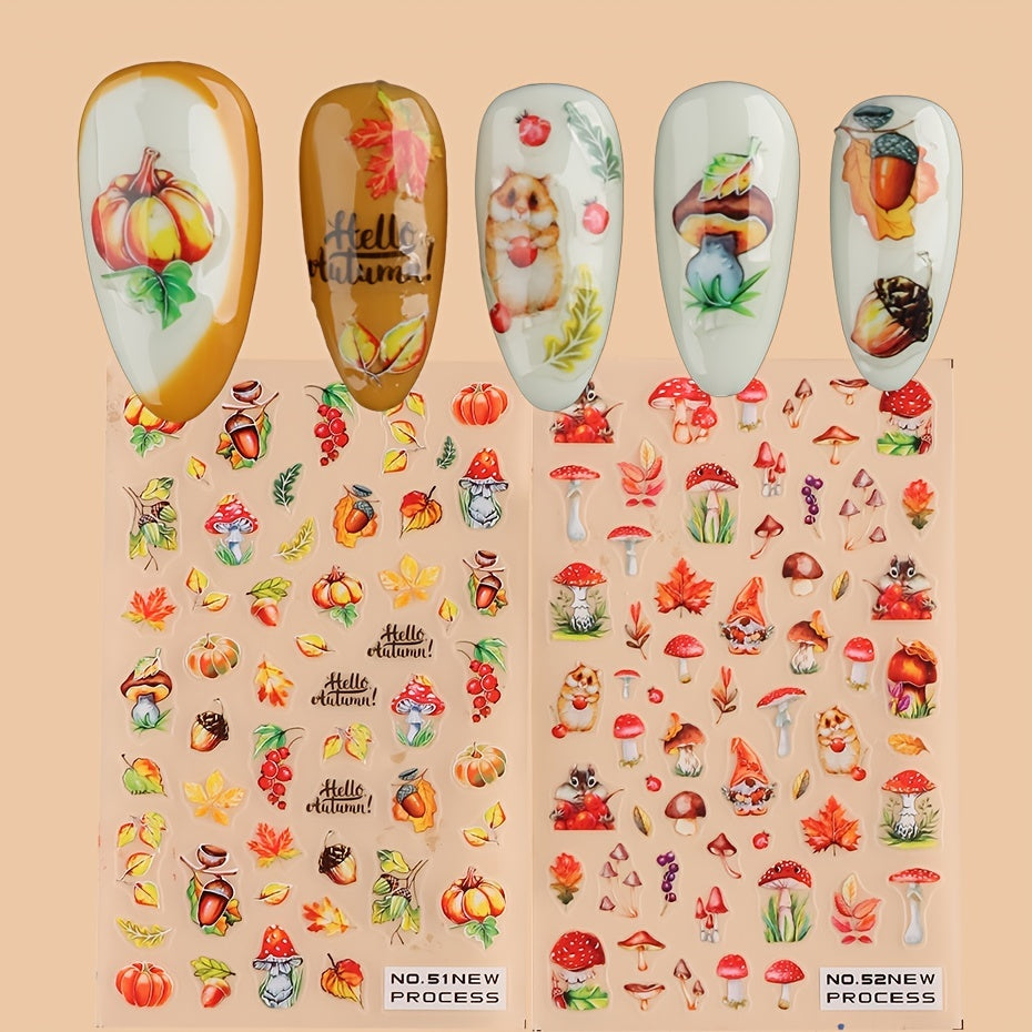 Fall Maple Leaf Nail Stickers Water Transfer 3D Squirrel Pumpkin Nail Decals