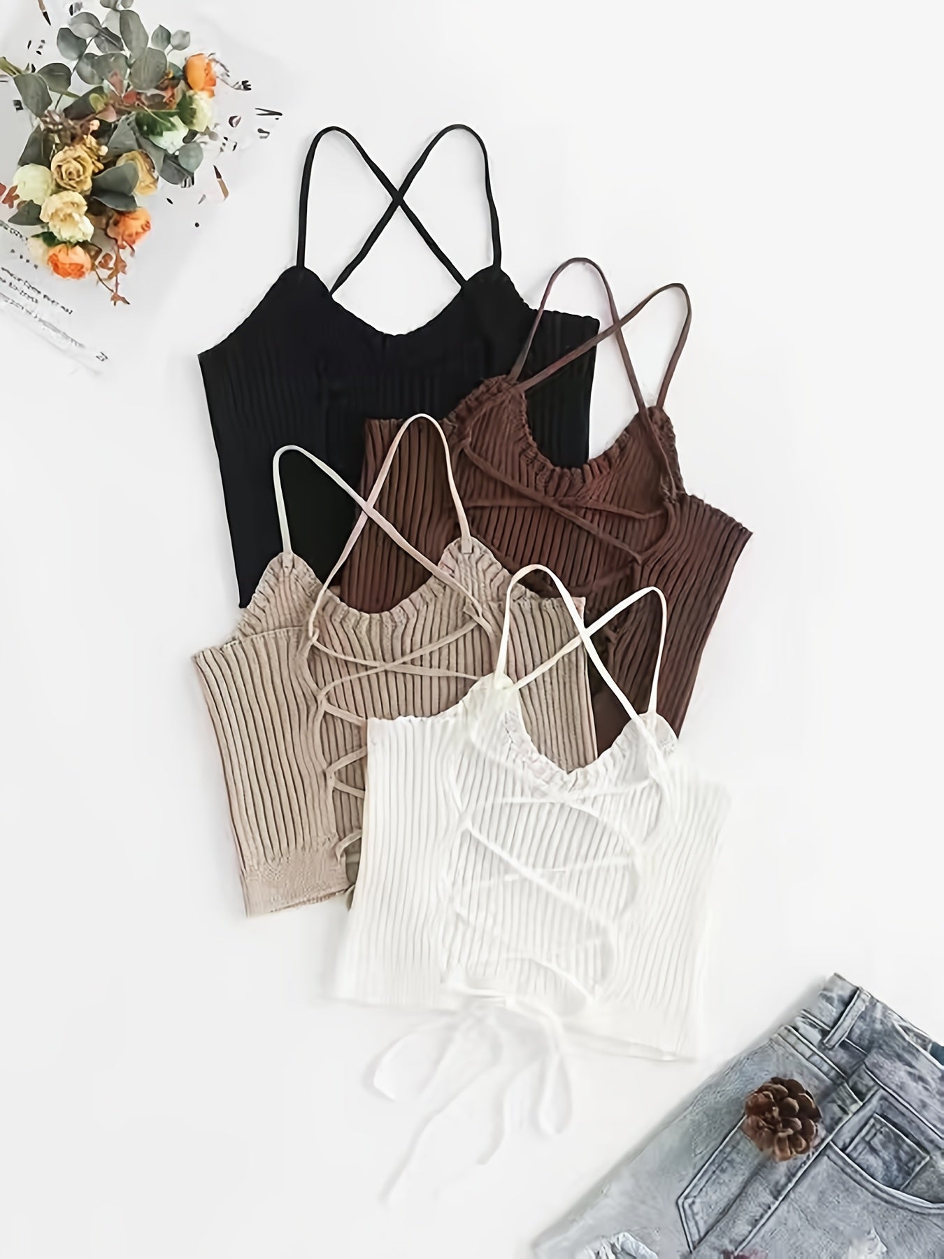 4 Pack Backless Cami Tops Stretchy Sleeveless Crew Neck Casual Women's Clothing