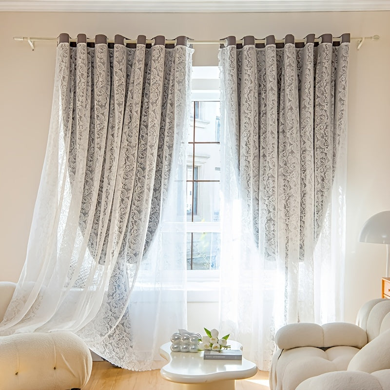 Gray Blackout Window Curtain With Tulle Overlay For Room Decor