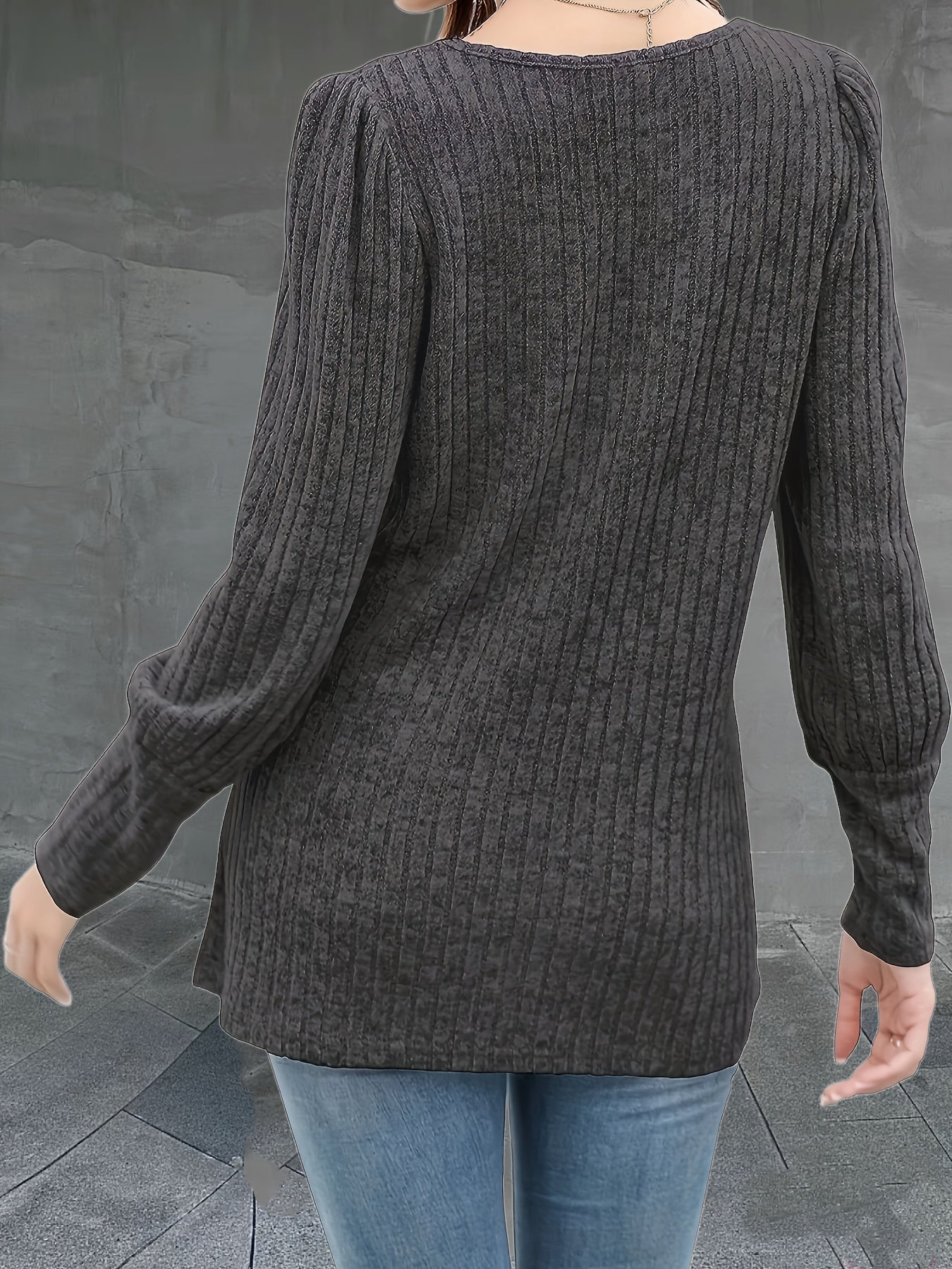  Solid Long Sleeve Ribbed Knit Top