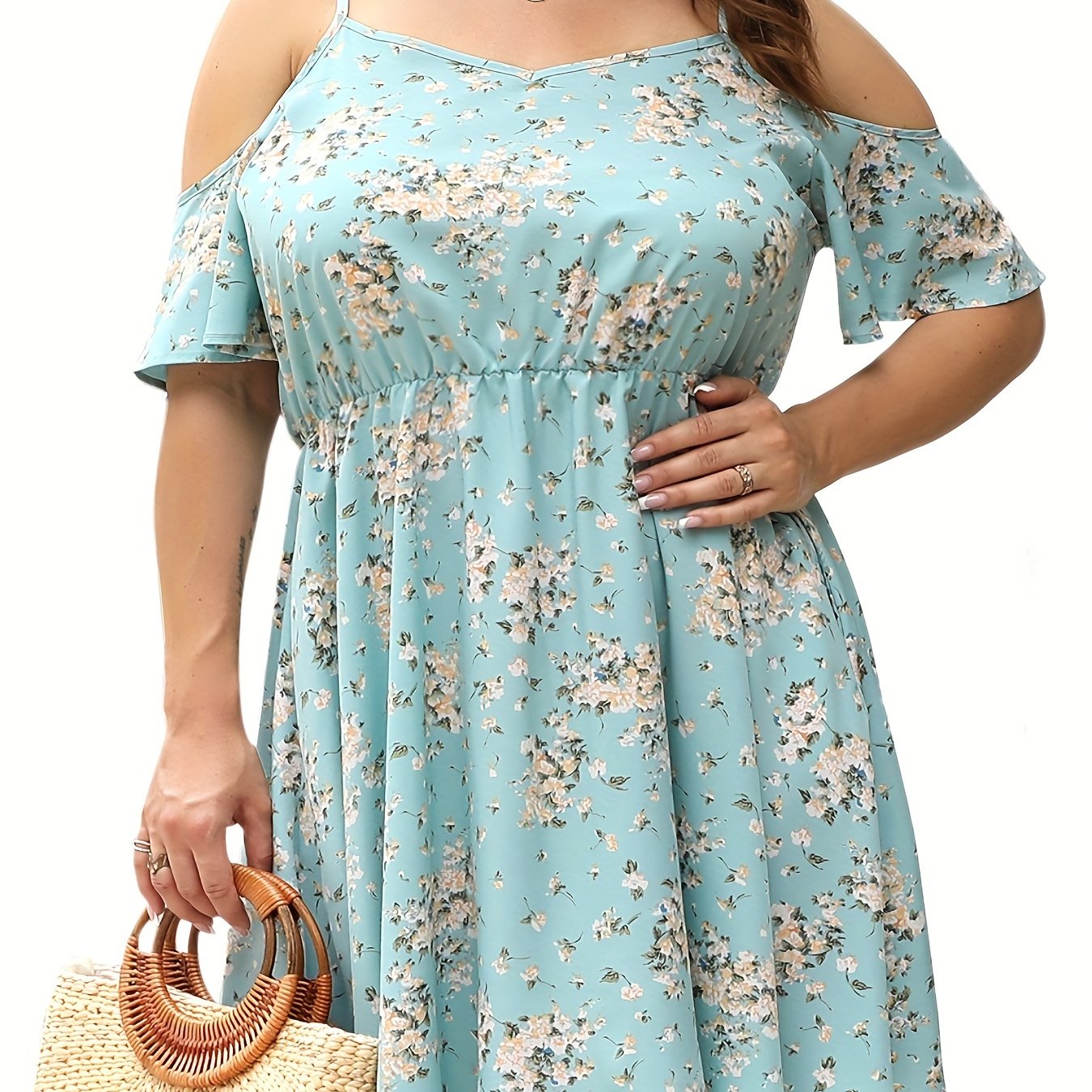  Women's Ditsy Floral Print Cold Shoulder Dress