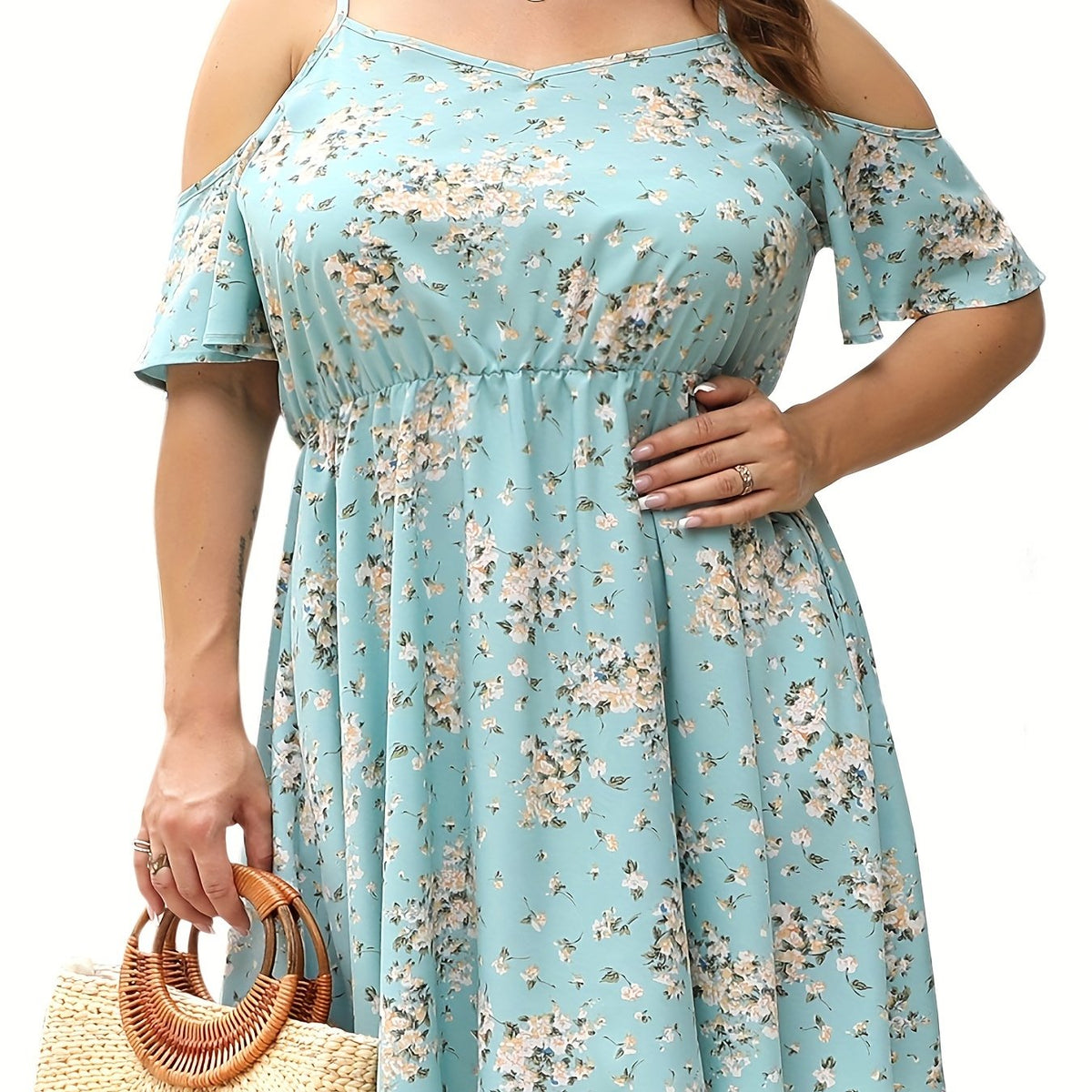  Women's Ditsy Floral Print Cold Shoulder Dress