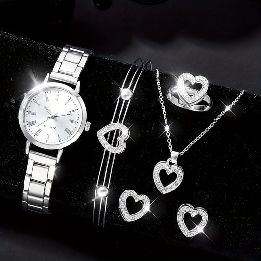 6pcs Roman Silver Steel Band Quartz Watch Rhinestone Men's Set