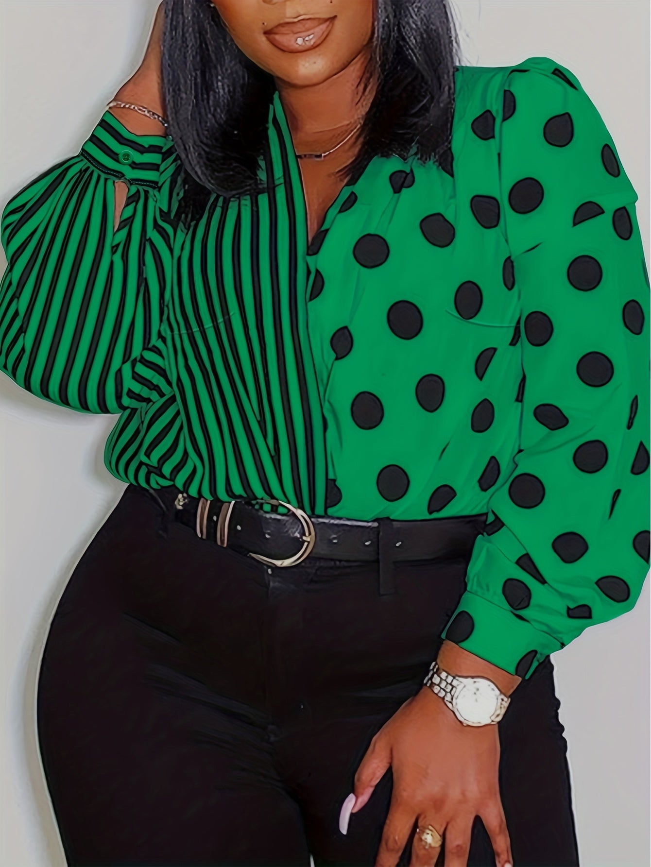 Colorblock Striped Polka Dot Plus Size Shirt