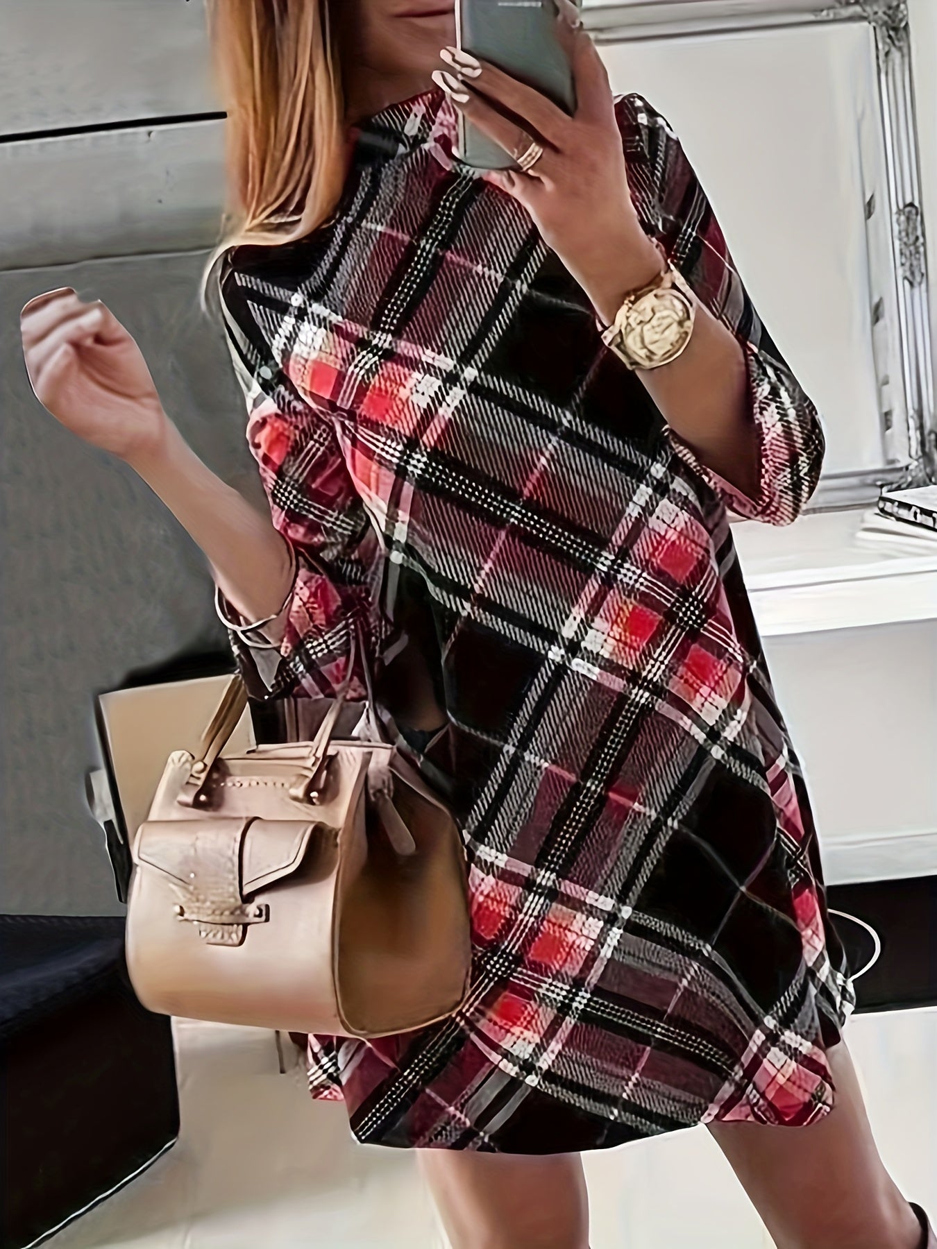 Plaid Print Half Sleeve Mock Neck Mini Dress