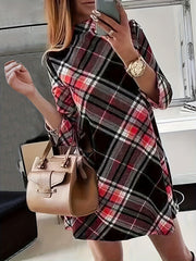  Plaid Print Half Sleeve Mock Neck Mini Dress