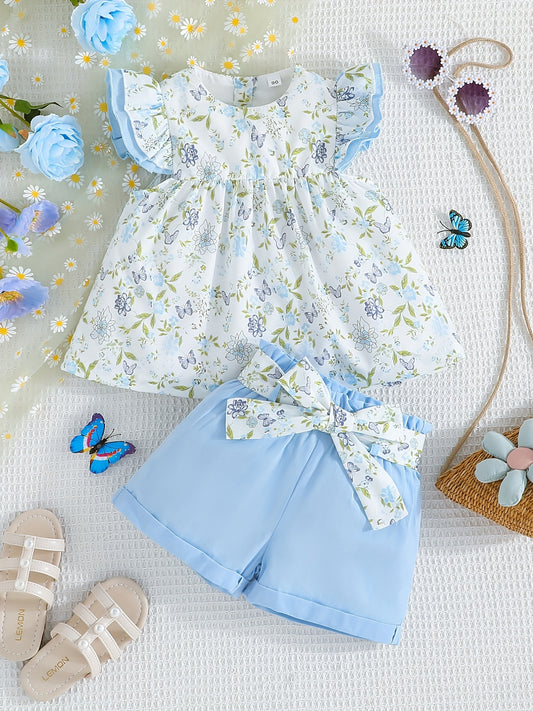 Girls Ruffled Sleeves Floral Blouse Top & Shorts Set