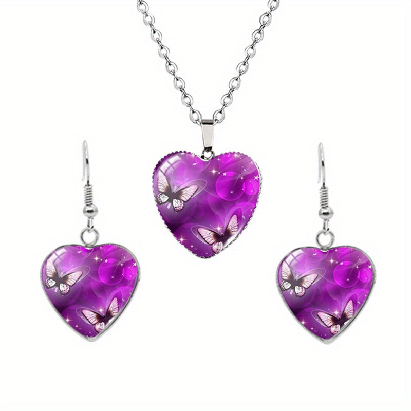Butterfly Pattern Drop Necklace With Heart Shape Glass Pendant Neck Chain