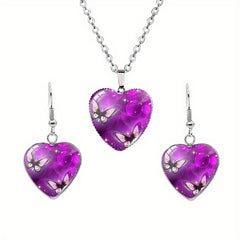 Butterfly Pattern Drop Necklace With Heart Shape Glass Pendant Neck Chain
