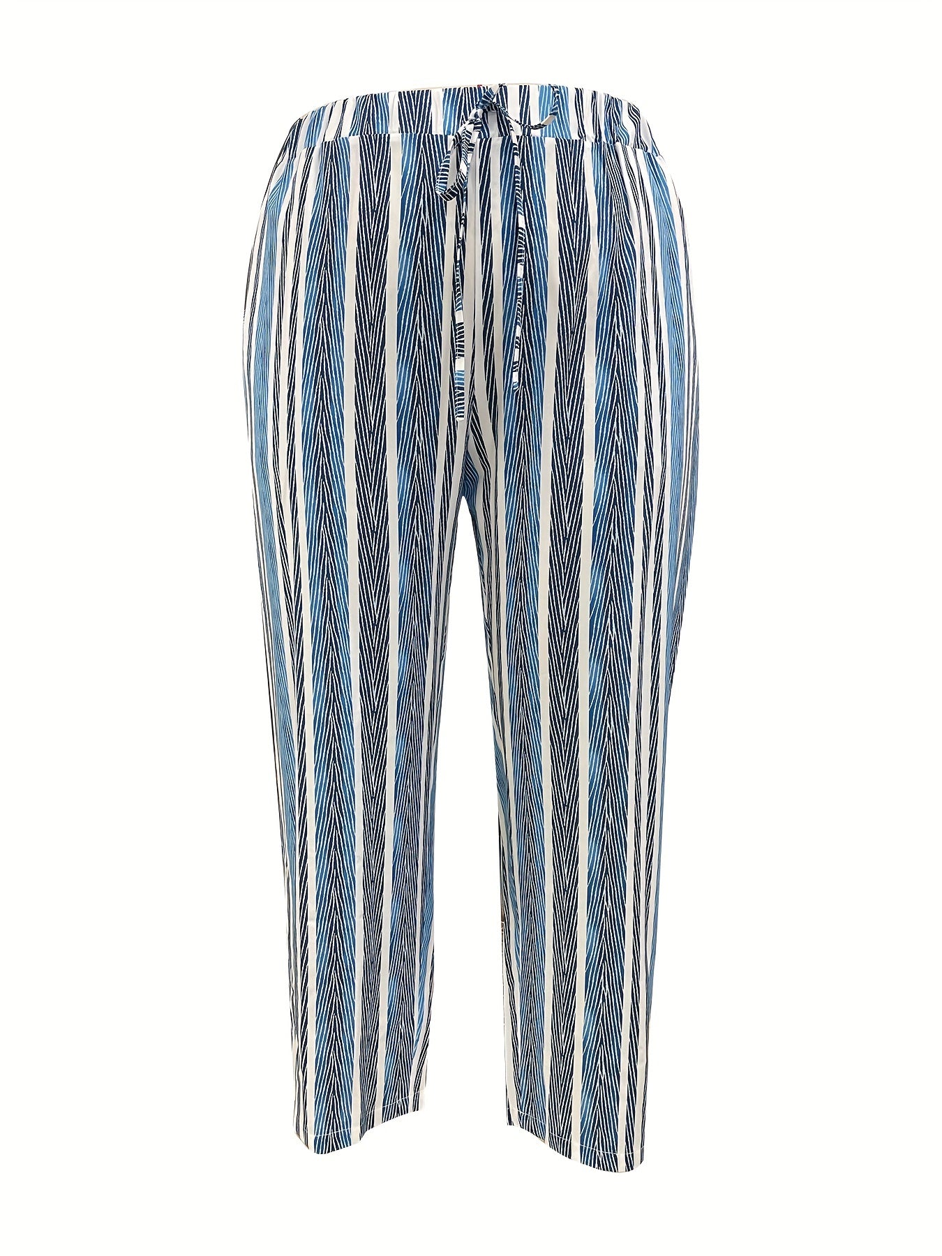  Stripe Print Drawstring Elastic High Rise Casual Pants