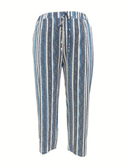  Stripe Print Drawstring Elastic High Rise Casual Pants