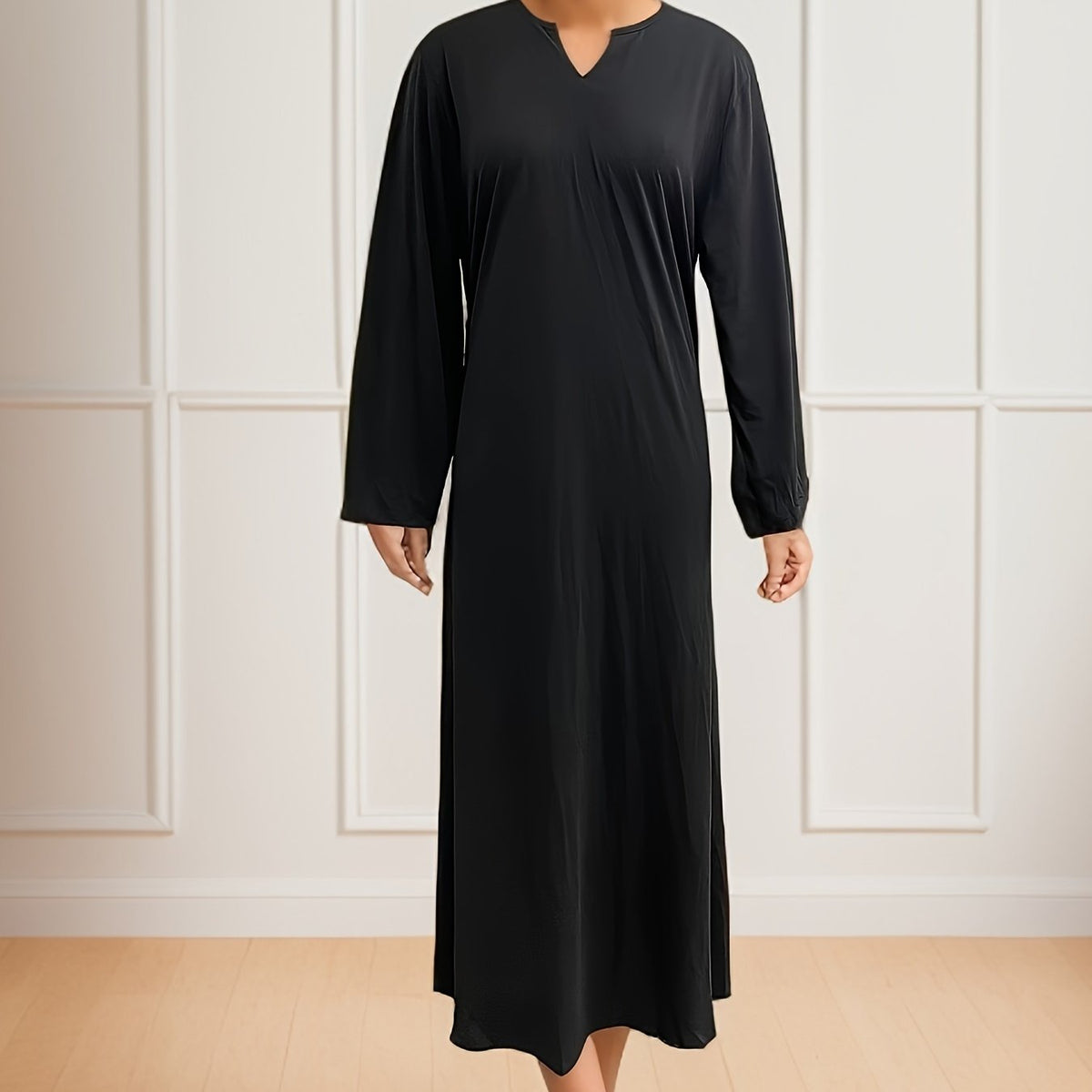  Solid Long Sleeve Notched Neck Dress