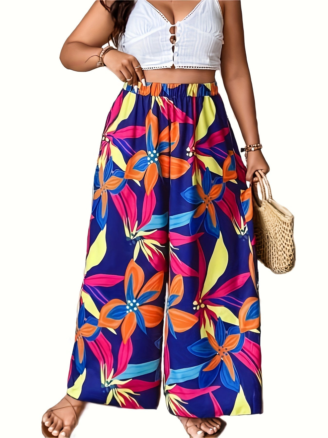 Plus Tropical Print High Rise Wide Leg Trousers