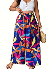 Plus Tropical Print High Rise Wide Leg Trousers
