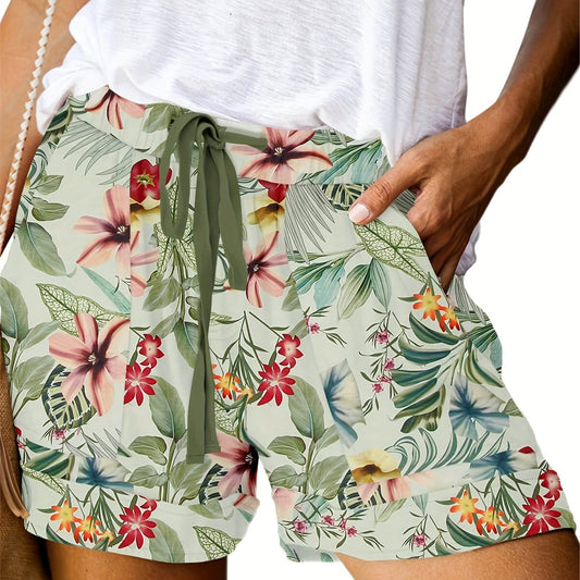 Boho Floral Print Tie Waist Shorts Vacation Elastic Drawstring Summer Shorts