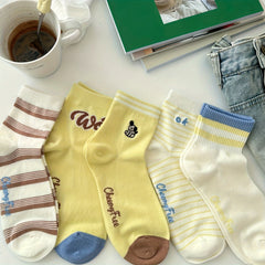 5 Pairs Dog & Letter Print Socks Comfy Cartoon Mid Tube Socks Women's Stockings