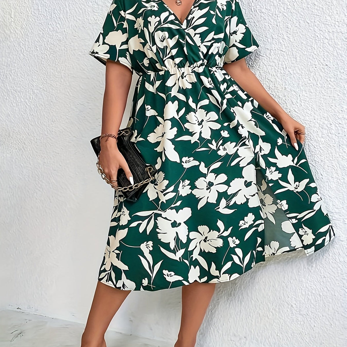  Floral Print Boho Dress with Thigh Split