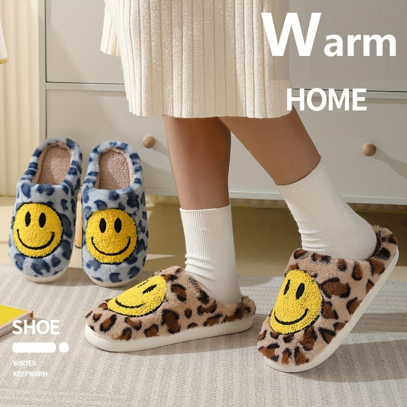 Women's Smile Face Pattern Slippers Leopard Print Plush Lined Shoes