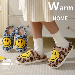Women's Smile Face Pattern Slippers Leopard Print Plush Lined Shoes