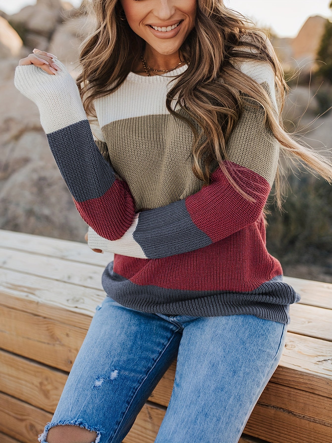  Colorblock Striped Sweater Long Sleeve Crew Neck Pullover Jumper