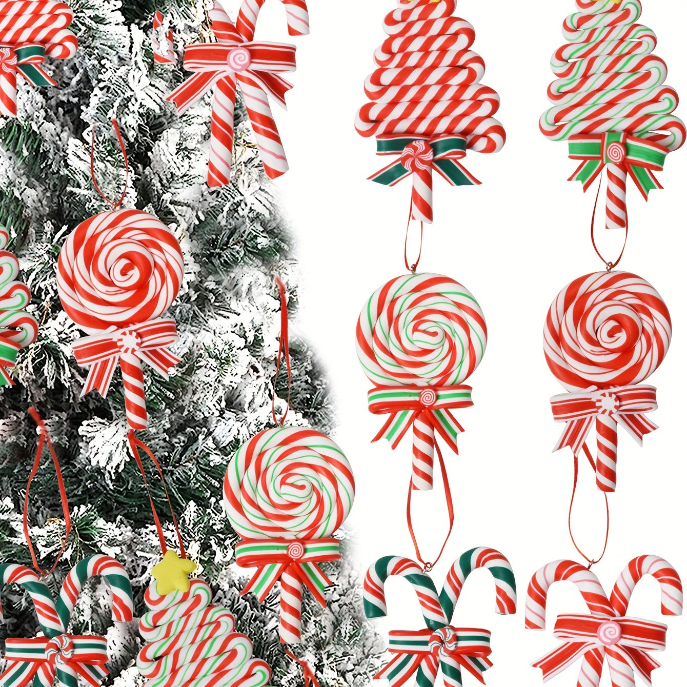 Christmas Lollipop Ornaments Set, Polymer Clay Candy Cane Hanging Decor