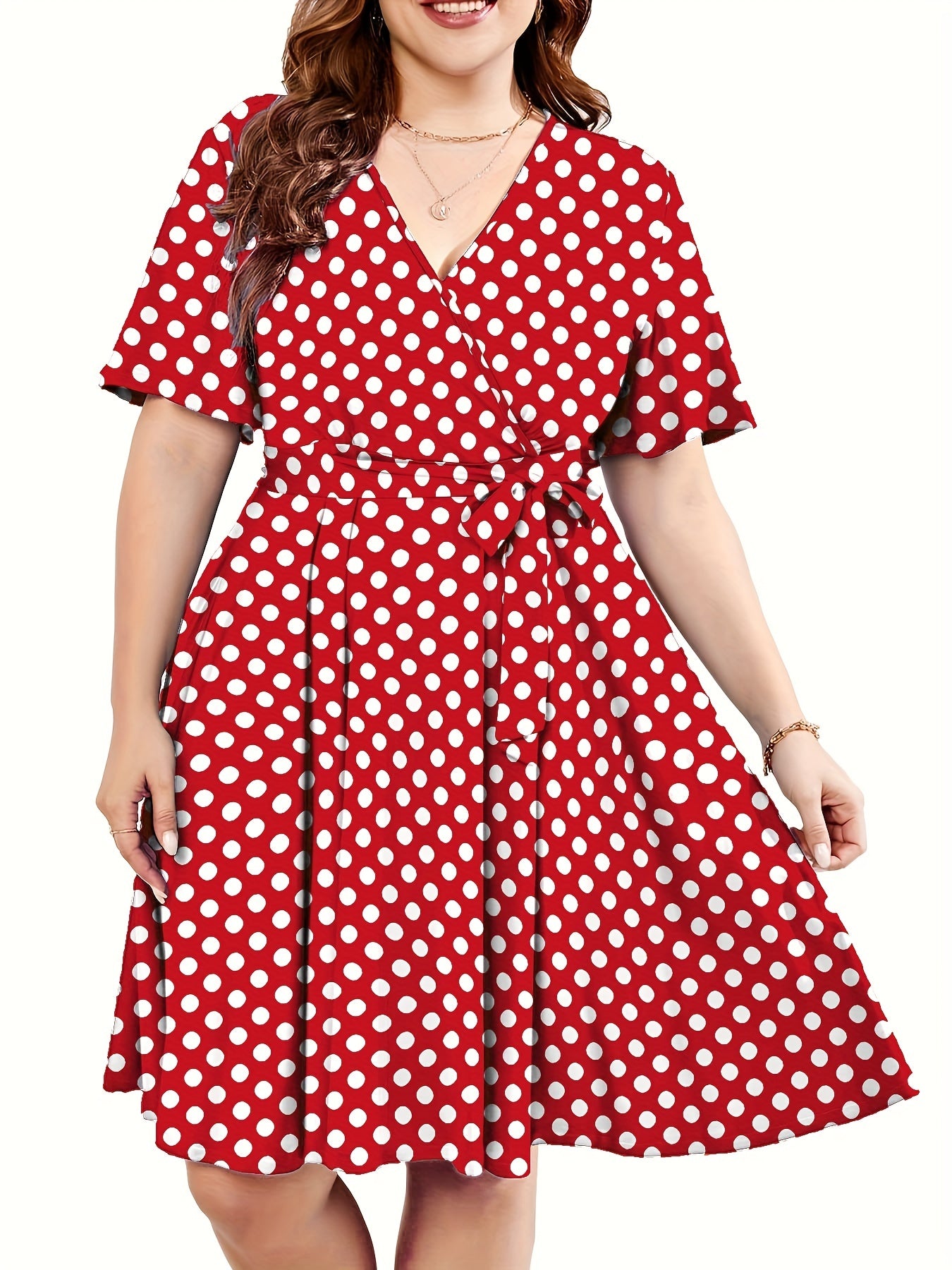  Polka Dot Print Short Sleeve V Neck Dress With Belt