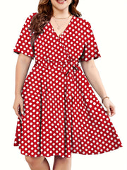  Polka Dot Print Short Sleeve V Neck Dress With Belt