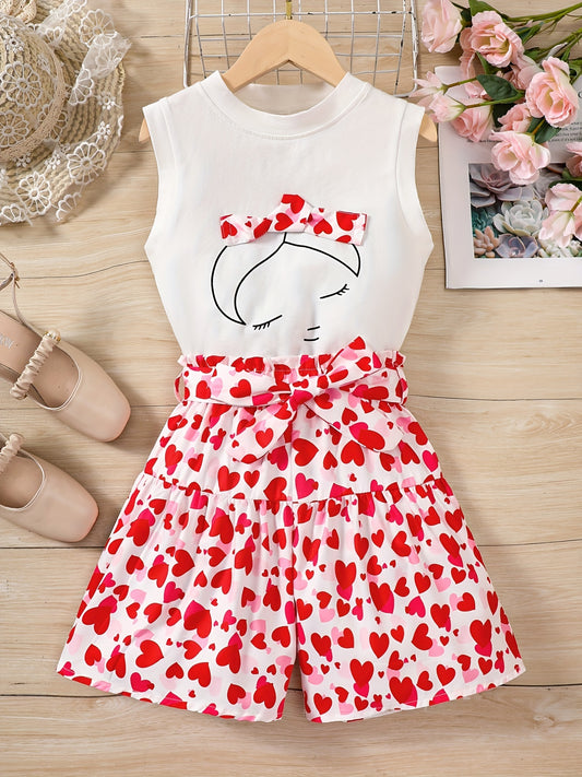 Girls Heart Print Top & Shorts Set Comfortable Casual T Shirt And Pants