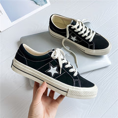 Women's Star Pattern Canvas Shoes Low Top Lace Up Round Toe Flat Casual Shoes