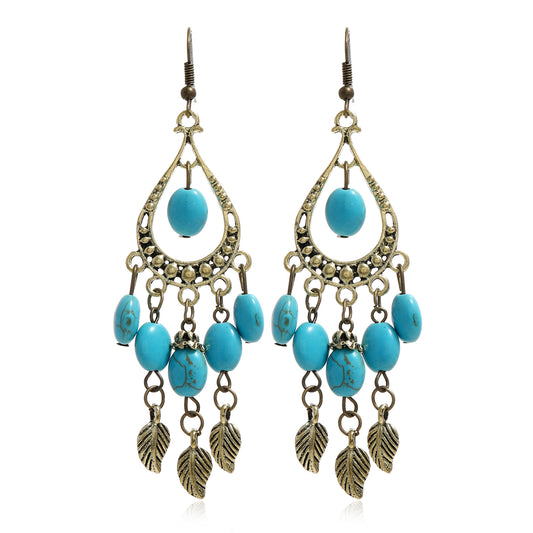 Vintage Boho Turquoise Leaf Dangle Earrings Women's Casual Jewelry