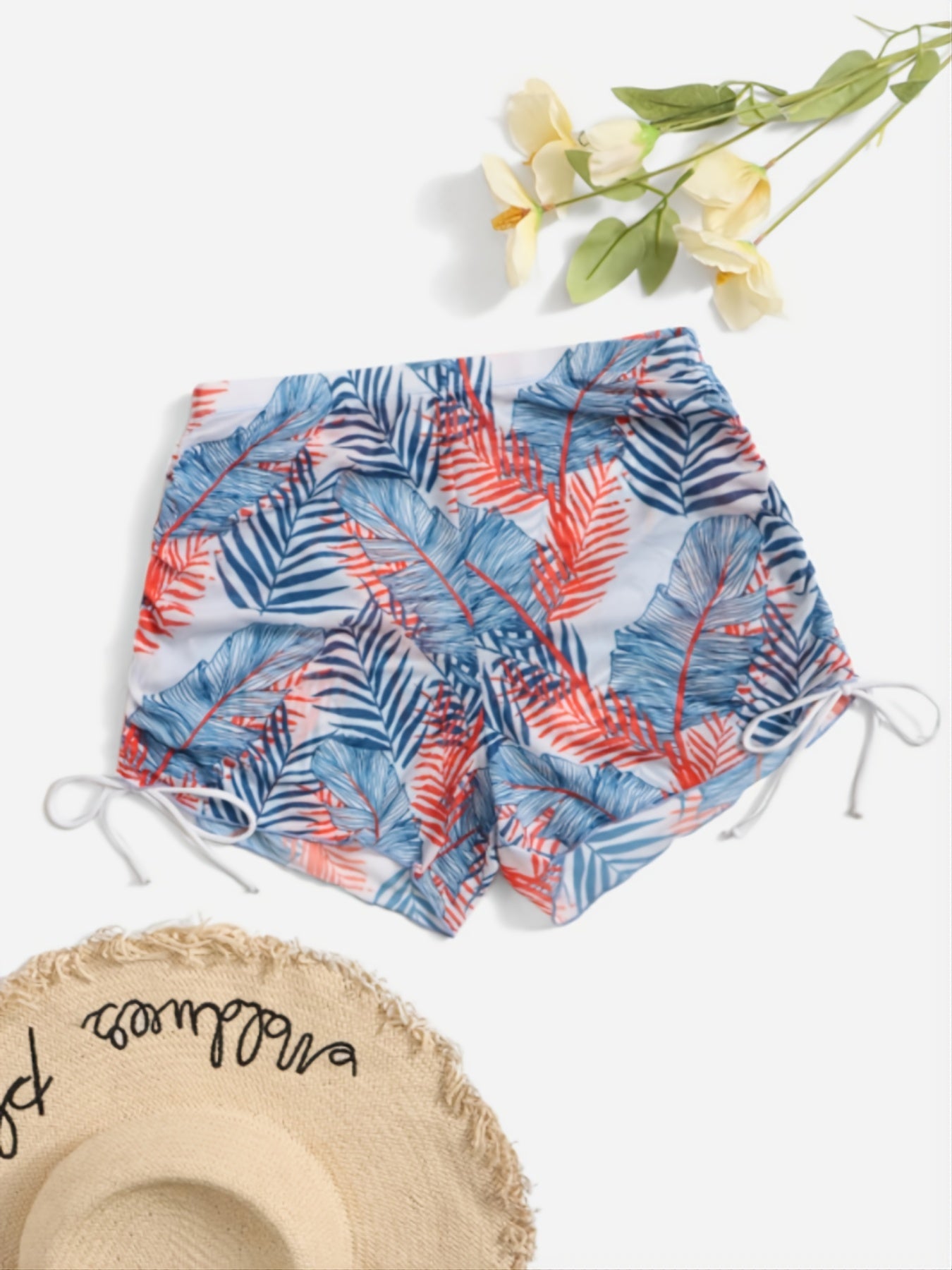Tropical Plant Print Tie Side Swim Short