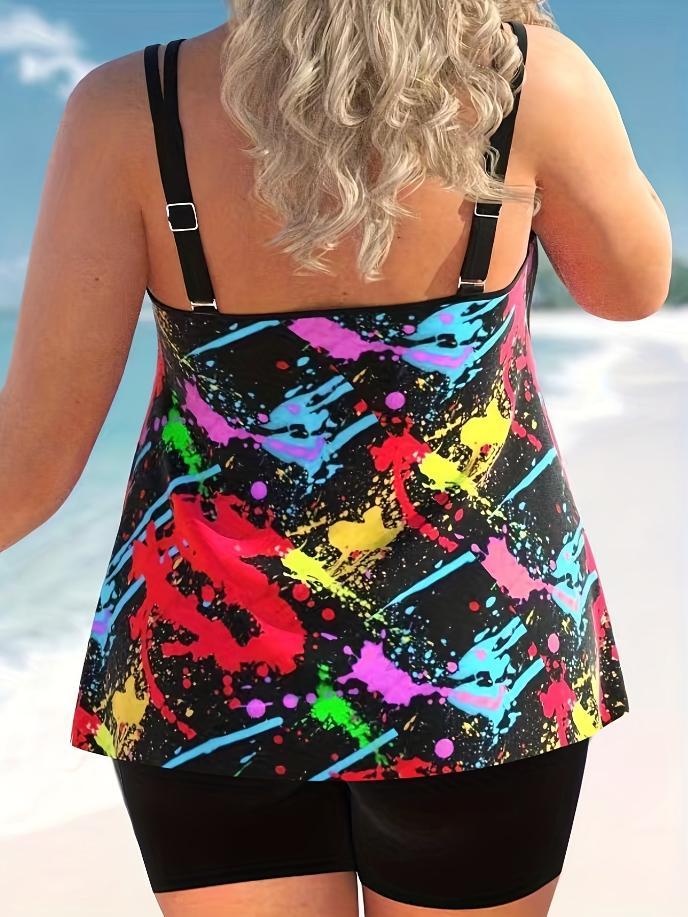  Splash Print Tankini Set Cami Top & Shorts Swimsuit