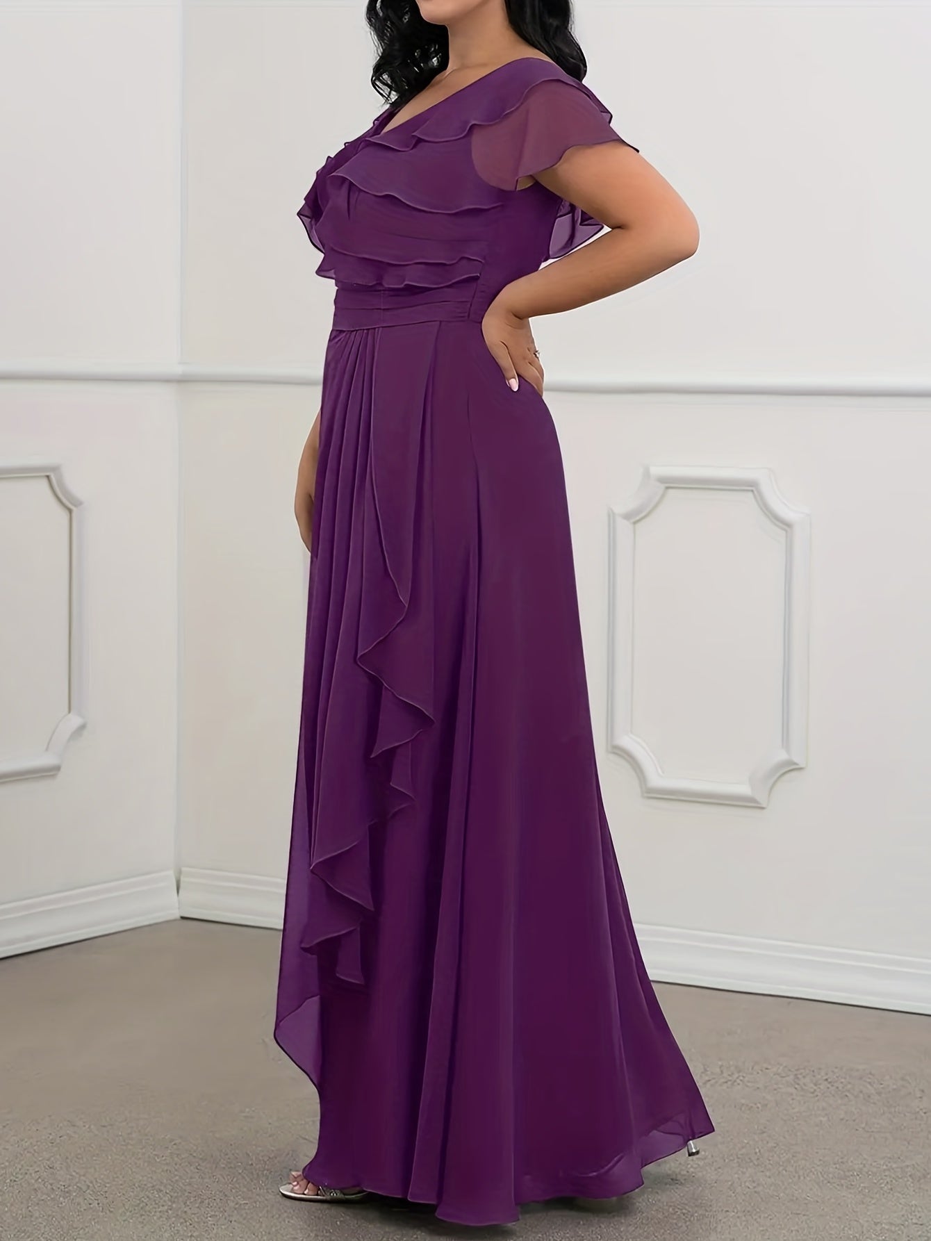  V Neck Ruffle Trim Evening Formal Dress