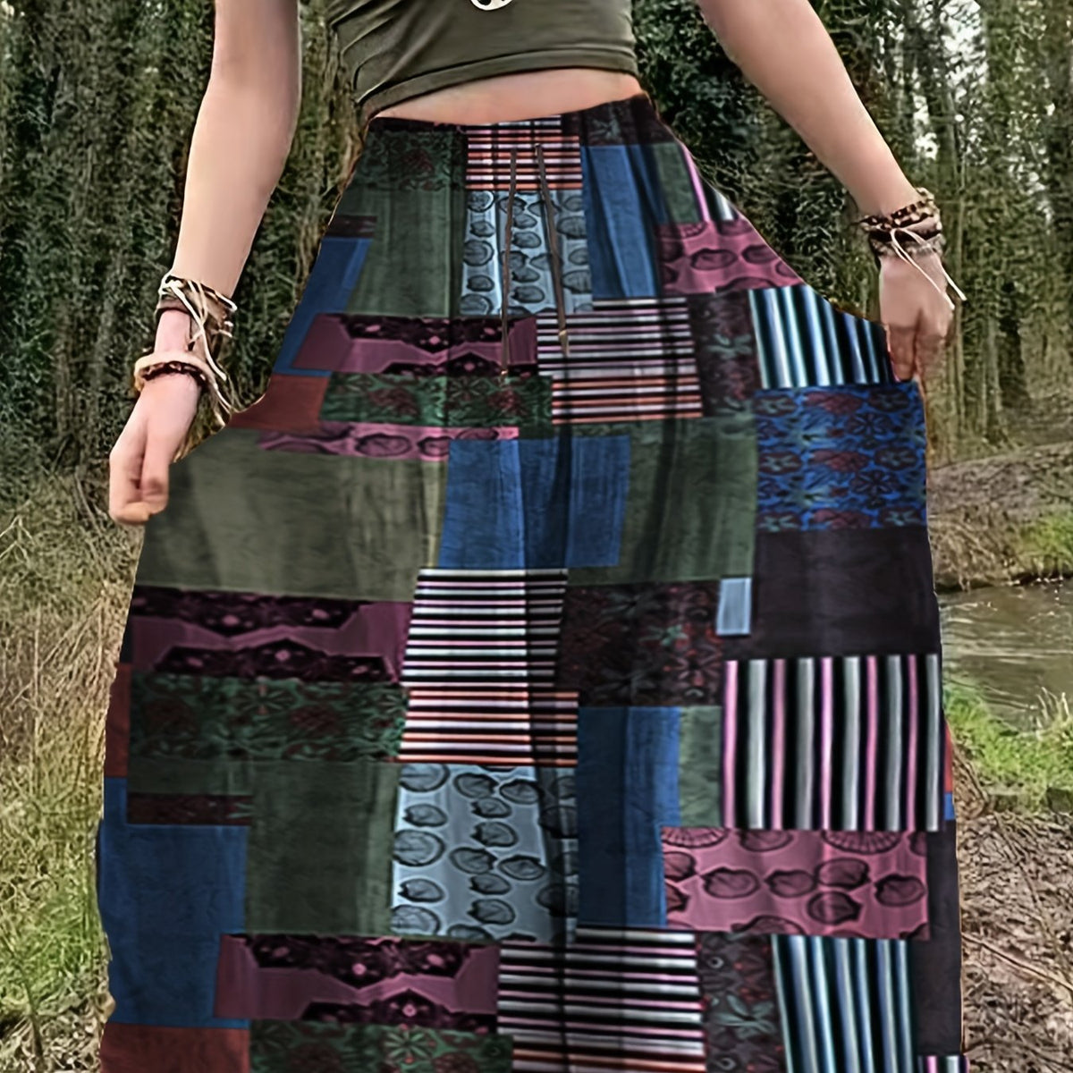 Hippie Patchwork Print Drawstring Skirt Boho Skirt Spring Summer Women's