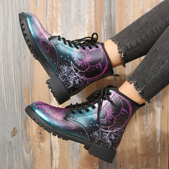 Gothic Style Ankle Combat Boots Sun & Moon Print Non Slip Outdoor Shoes