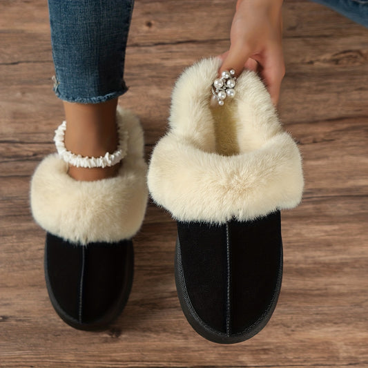 Women's Fluffy Ankle Snow Boots Slip On Platform Warm Slippers