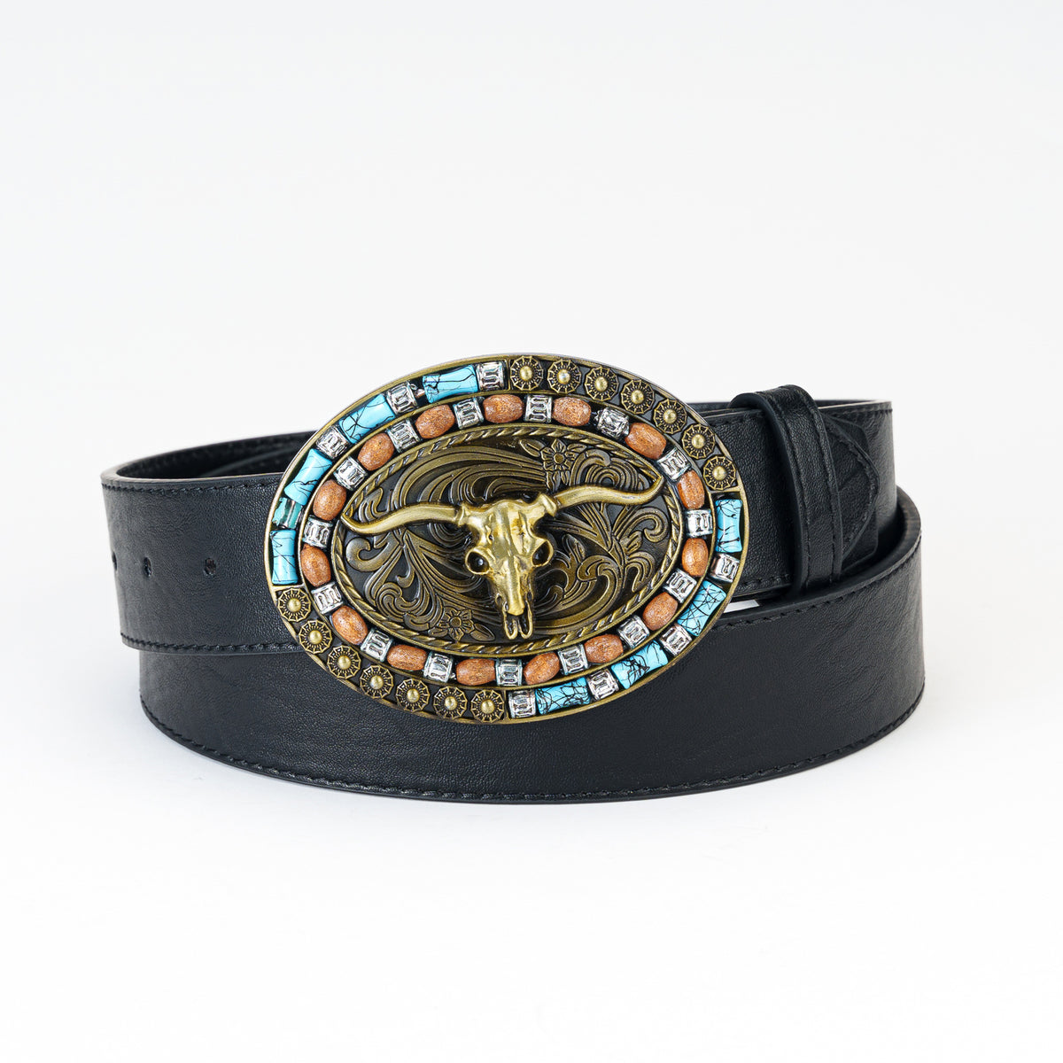 Antique Bull Head Men's Belt with Oval Buckle